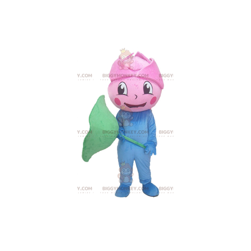 BIGGYMONKEY™ Costume mascotte fiore rosa gigante blu e verde -