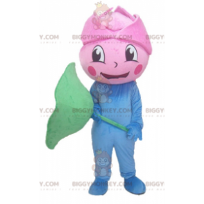 BIGGYMONKEY™ Costume mascotte fiore rosa gigante blu e verde -