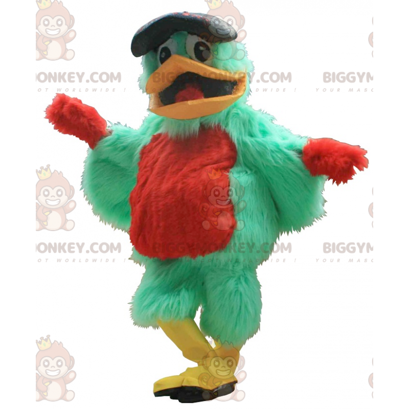 Πράσινη και κόκκινη στολή μασκότ BIGGYMONKEY™ πουλιού με μπερέ