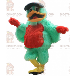Grön och röd fågel BIGGYMONKEY™ maskotdräkt med basker -