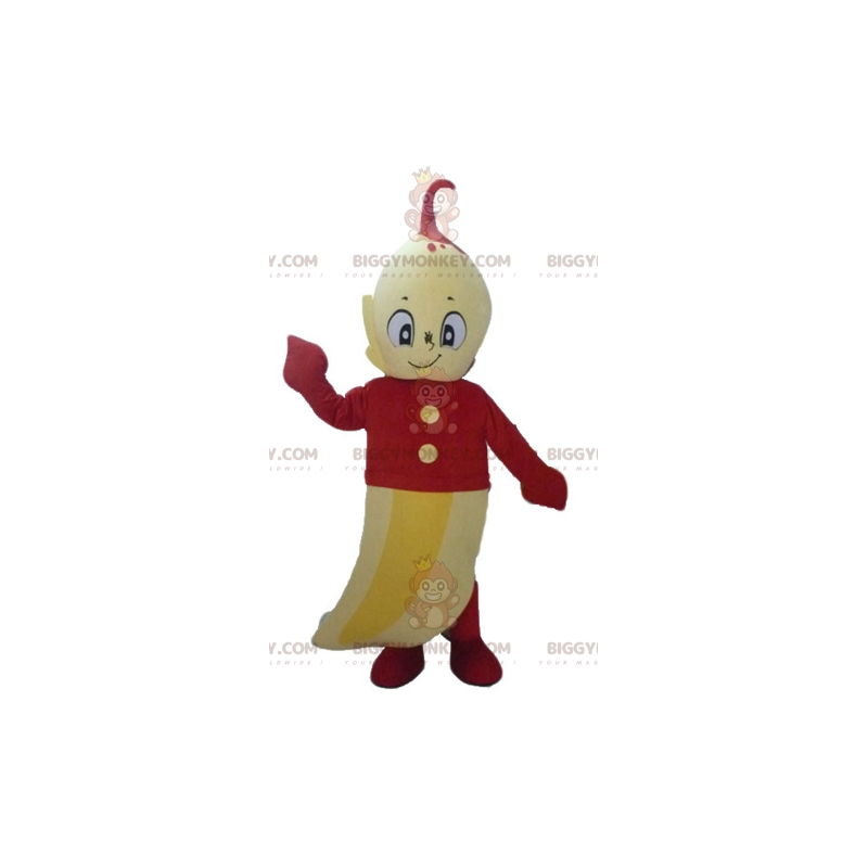 BIGGYMONKEY™ maskotkostume kæmpe gul banan med rødt outfit -