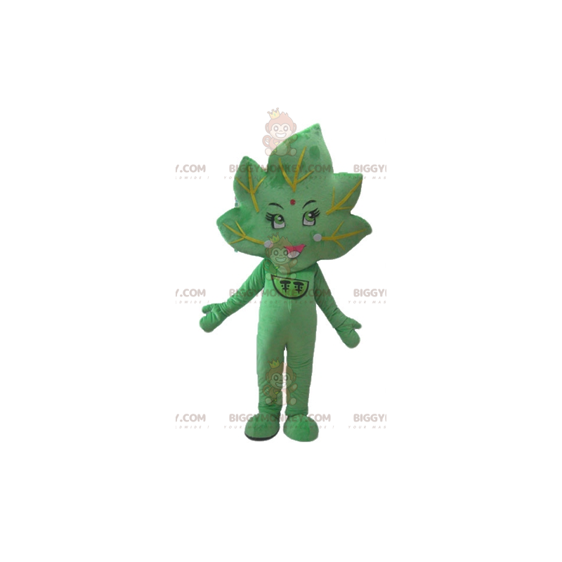 Traje de mascote de folha verde gigante sorridente BIGGYMONKEY™