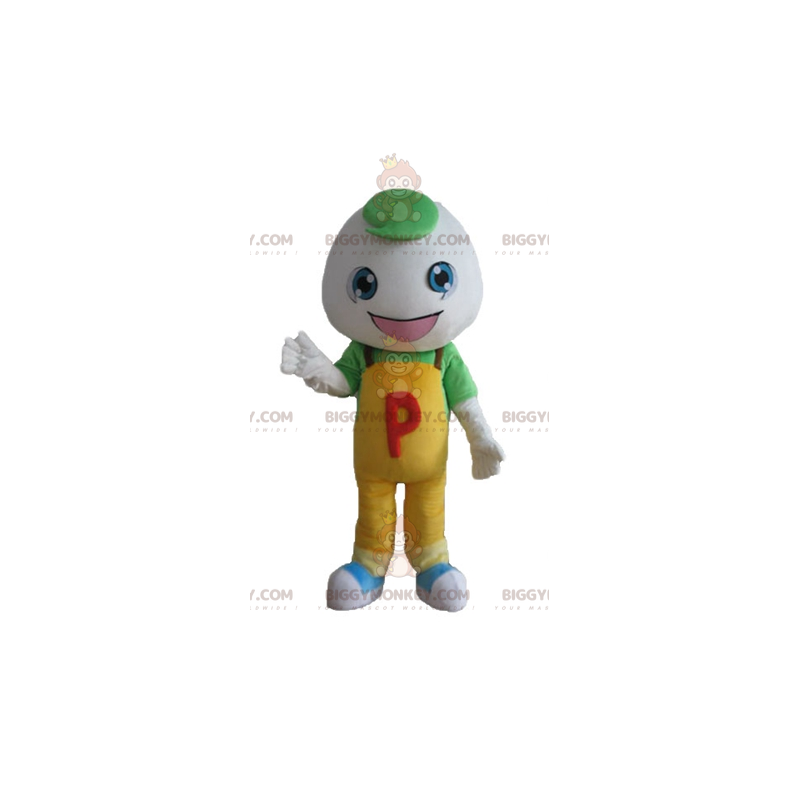 Mascote BIGGYMONKEY™ menino de macacão com cabeça redonda –