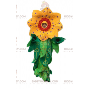 BIGGYMONKEY™ maskotdräkt av vacker gul och röd blomma med löv -