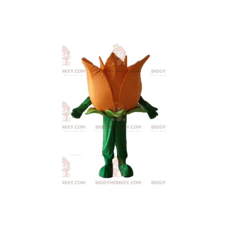 Traje de mascote BIGGYMONKEY™ de flor laranja e verde bem