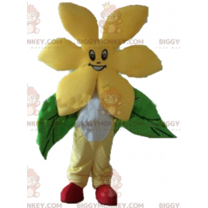 Hyvin hymyilevä kaunis keltainen kukka BIGGYMONKEY™ maskottiasu