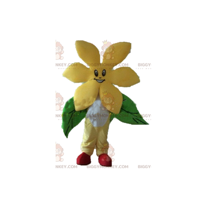 Hyvin hymyilevä kaunis keltainen kukka BIGGYMONKEY™ maskottiasu