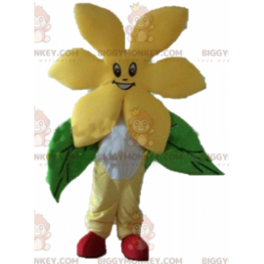 Disfraz de mascota BIGGYMONKEY™ con flor amarilla muy sonriente