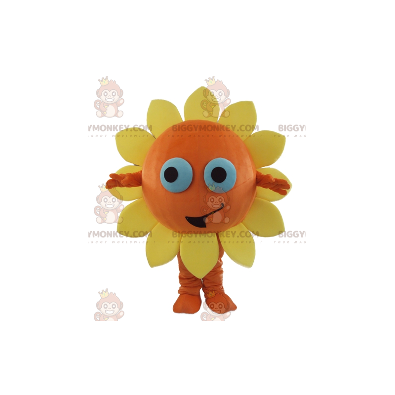Mycket leende solorange och gul blomma BIGGYMONKEY™ maskotdräkt