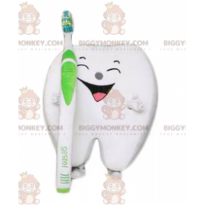 Maskot BIGGYMONKEY™ Kostým obří smějící se bílý zub s kartáčkem