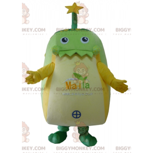 Disfraz de mascota de hombre verde con lunares amarillos