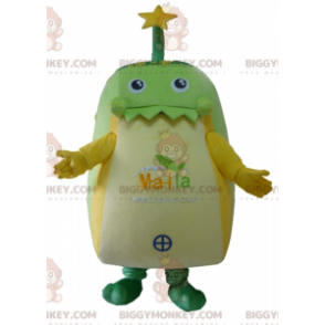 Disfraz de mascota de hombre verde con lunares amarillos