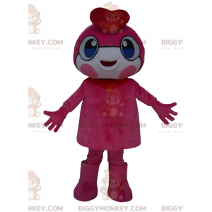Traje de mascote BIGGYMONKEY™ Pink Man com olhos azuis e boina