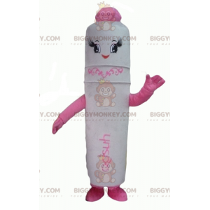 Costume mascotte BIGGYMONKEY™ con penna gigante bianca e rosa -