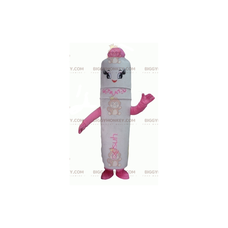 Costume mascotte BIGGYMONKEY™ con penna gigante bianca e rosa -