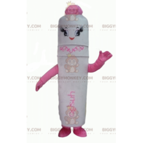 Costume mascotte BIGGYMONKEY™ con penna gigante bianca e rosa -