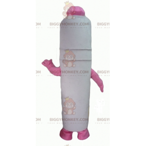 Costume mascotte BIGGYMONKEY™ con penna gigante bianca e rosa -