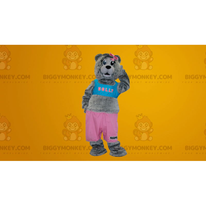 Γκρι κοστούμι μασκότ BIGGYMONKEY αρκουδάκι ντυμένο σε ροζ και