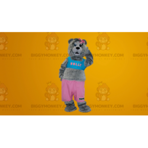 Grå nallebjörn BIGGYMONKEY™ maskotdräkt klädd i rosa och blått