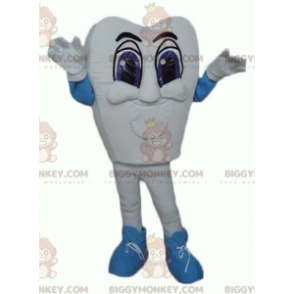 Jätte och fantastisk vit och blå tand BIGGYMONKEY™ maskotdräkt