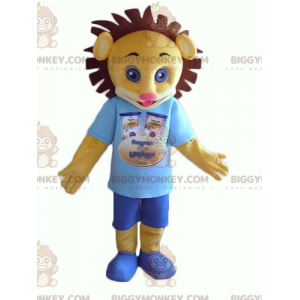 BIGGYMONKEY™ maskotdräkt av gul och brun lejonunge i blå outfit