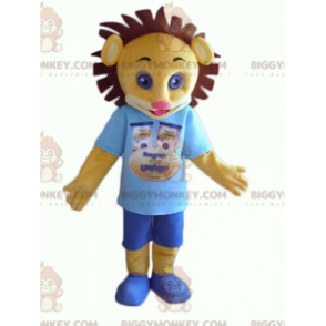 BIGGYMONKEY™ maskotdräkt av gul och brun lejonunge i blå outfit