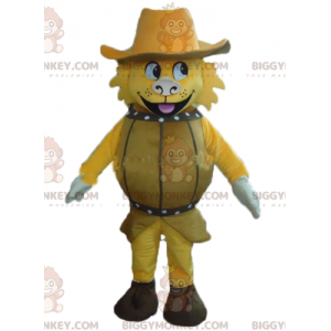 Žlutý pes BIGGYMONKEY™ v kostýmu barel maskota s kloboukem –