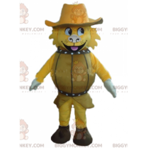 Costume de mascotte BIGGYMONKEY™ de chien jaune dans un tonneau