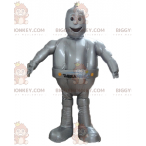 Fantasia de mascote gigante de robô cinza metálico sorridente