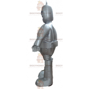 Kostým maskota obřího usmívajícího se kovového šedého robota