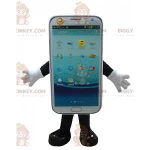 Traje de mascote com tela sensível ao toque para celular branco