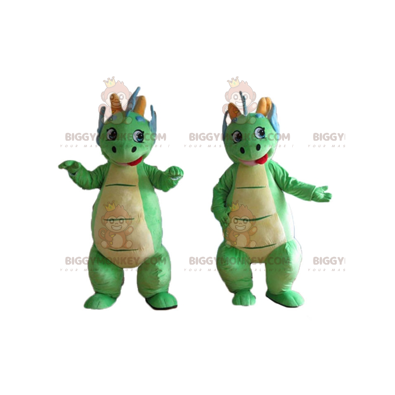 2 mascote BIGGYMONKEY™ de dinossauros verdes e azuis fofos e