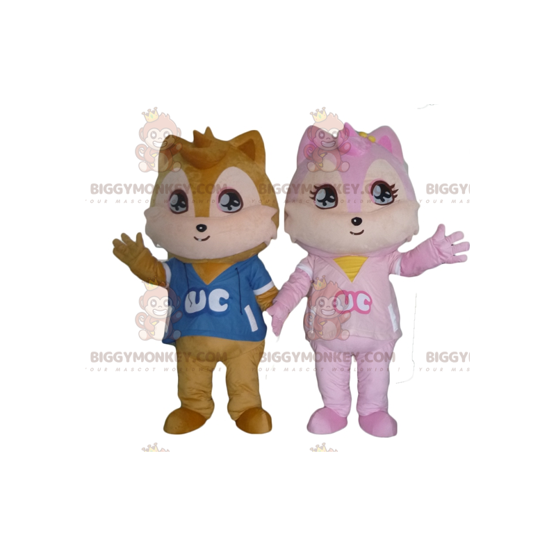 2 mascotes esquilos BIGGYMONKEY™s, um marrom e o outro rosa –