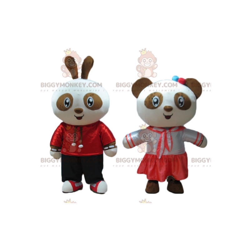 BIGGYMONKEY™-maskotti hymyilevä ruskeavalkoinen pupu ja panda -