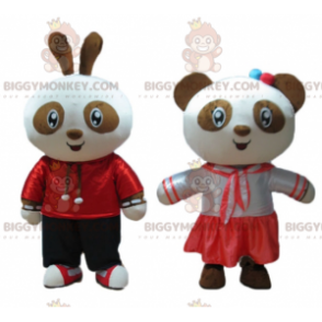 BIGGYMONKEY™-maskotti hymyilevä ruskeavalkoinen pupu ja panda -