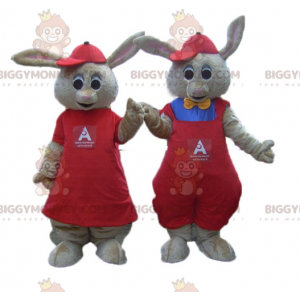 2 BIGGYMONKEY™s mascotte van bruine konijnen gekleed in rood -