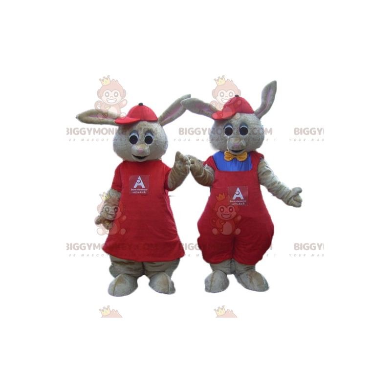 2 BIGGYMONKEY™s mascote de coelhos marrons vestidos de vermelho