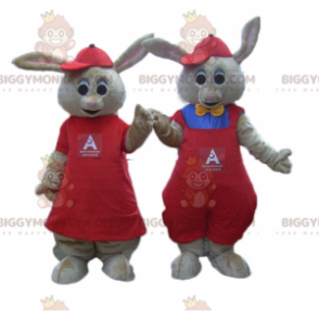 2 BIGGYMONKEY™s maskot af brune kaniner klædt i rødt -