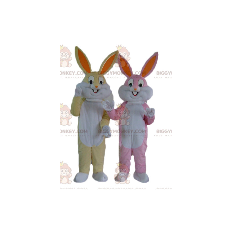 2 BIGGYMONKEY's mascotte konijnen een geel en wit en een roze