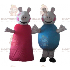 Duo de mascottes BIGGYMONKEY™ de cochons l'un en robe rouge