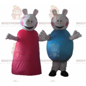 Duo de mascottes BIGGYMONKEY™ de cochons l'un en robe rouge