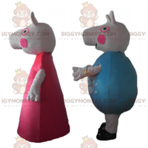 Duo de mascottes BIGGYMONKEY™ de cochons l'un en robe rouge