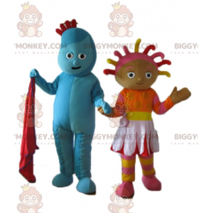 2 mascotas BIGGYMONKEY™s uno de hombre azul el otro de niña de