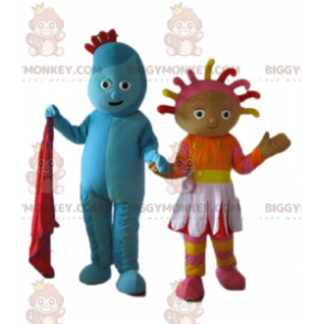 Duo de mascottes BIGGYMONKEY™ l'une de bonhomme bleu l'autre de