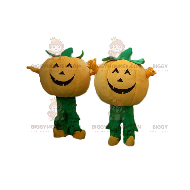 2 maskot BIGGYMONKEY™ z oranžových a zelených dýní na Halloween