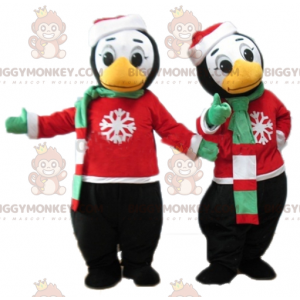 2 mascotas pingüinos de BIGGYMONKEY™ con atuendos invernales -