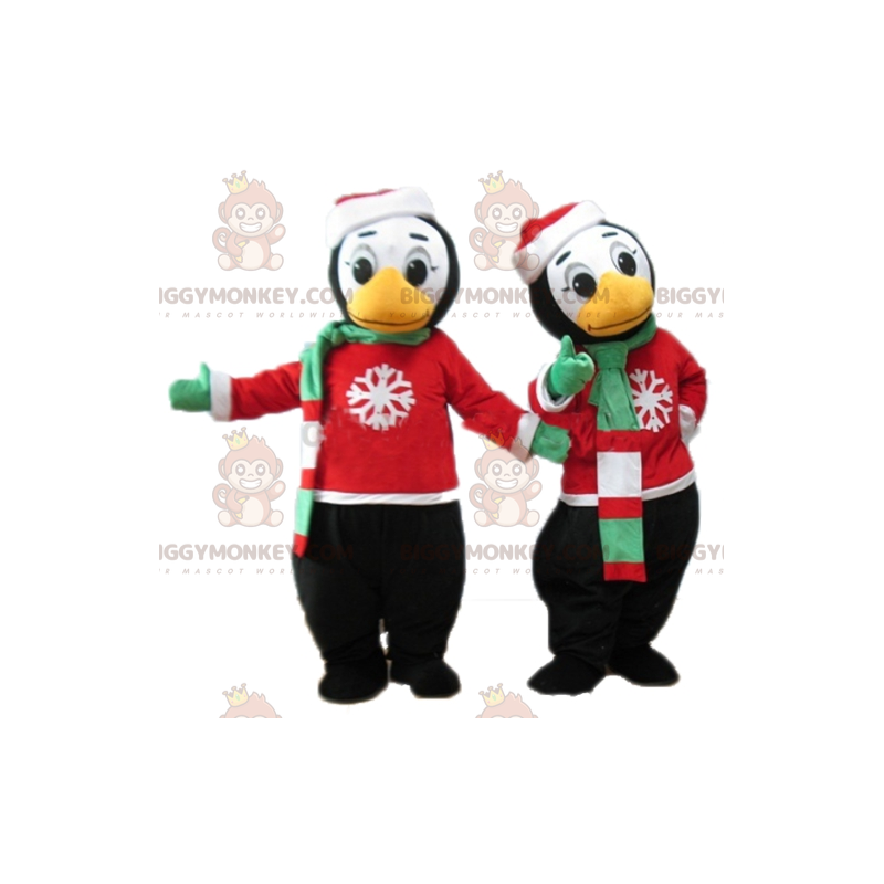 2 mascotas pingüinos de BIGGYMONKEY™ con atuendos invernales -