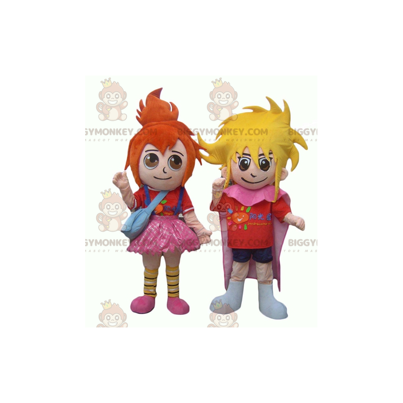 Duo de mascottes BIGGYMONKEY™ d'enfants une fille rousse et un