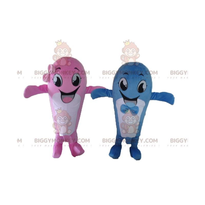 2 mascotes de baleias BIGGYMONKEY™s um rosa e um azul –