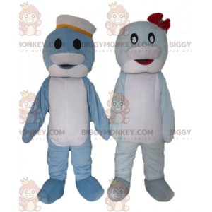 2 BIGGYMONKEY's blauwe en witte vis dolfijnen mascotte -